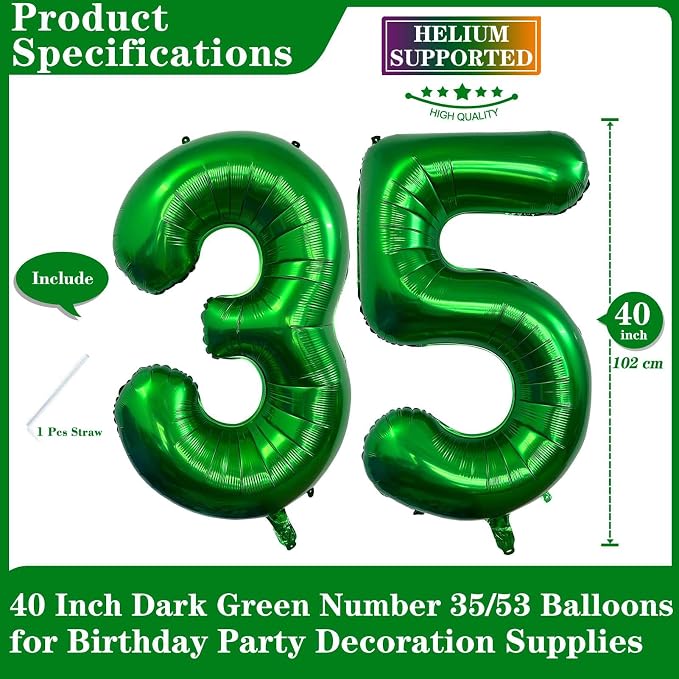 Dark Green 35 Number Balloons, 40 Inch Giant Number 35 Balloons Foil Mylar - Image 2
