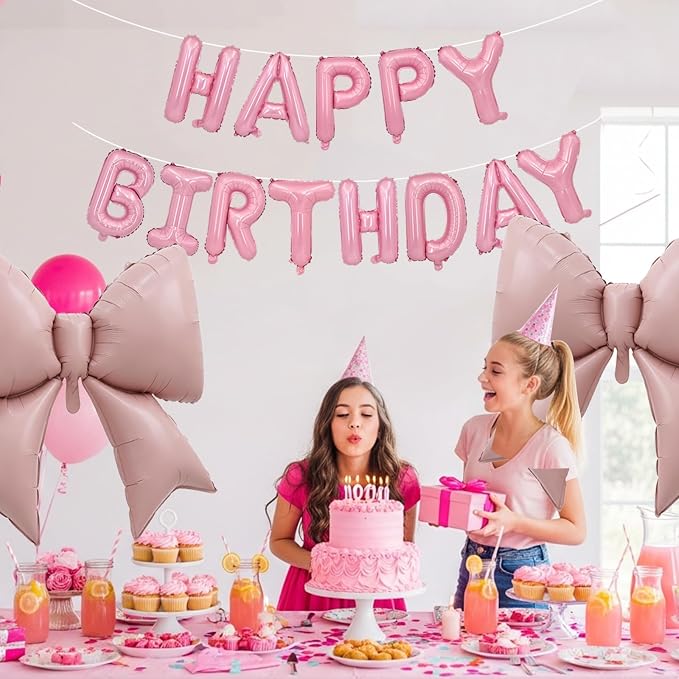 Vuzvuv Pink Happy Birthday Balloons, 38 Inches Huge Bow Aluminum Foil Balloons - Image 6