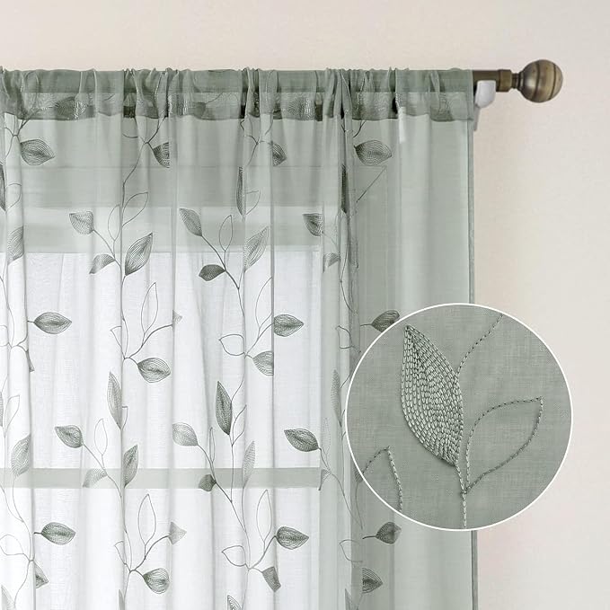 HOMEIDEAS Sage Green Sheer Curtains 52 X 84 Inches Long 2 Panels Embroidered - Image 6