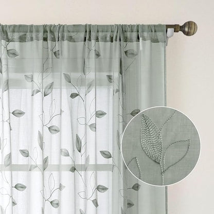 HOMEIDEAS Sage Green Sheer Curtains 52 X 84 Inches Long 2 Panels Embroidered - Image 6