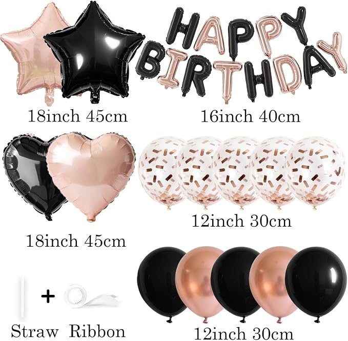 27 Pcs Rose Gold Black Birthday Decorations, 3D Letters Rose Gold Black Happy - Image 3