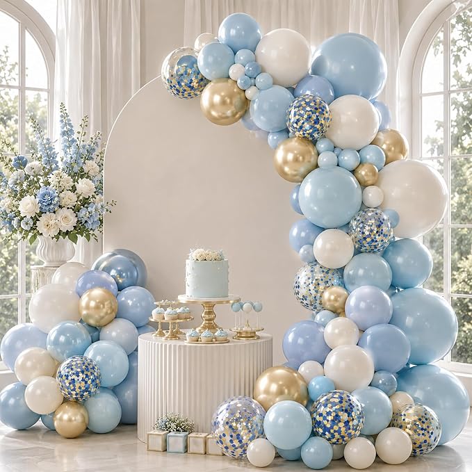 Paready Blue Balloons Set, 12 Inch Confetti Baby Blue Gold Metallic Balloon - Image 3