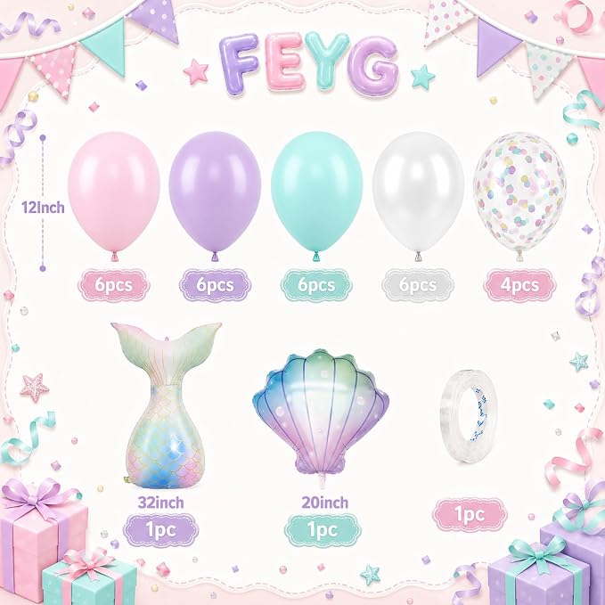 Mermaid Balloons for Girls Party Decor | 12 Inch Pink Purple Mermaid Theme - Image 2