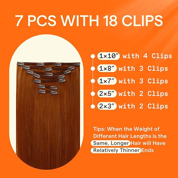 Full Shine Copper Clip in Hair Extensions Human Hair 22 Inch Copper Hair Extensions Clip ins for Women 7 Pcs 120 G
