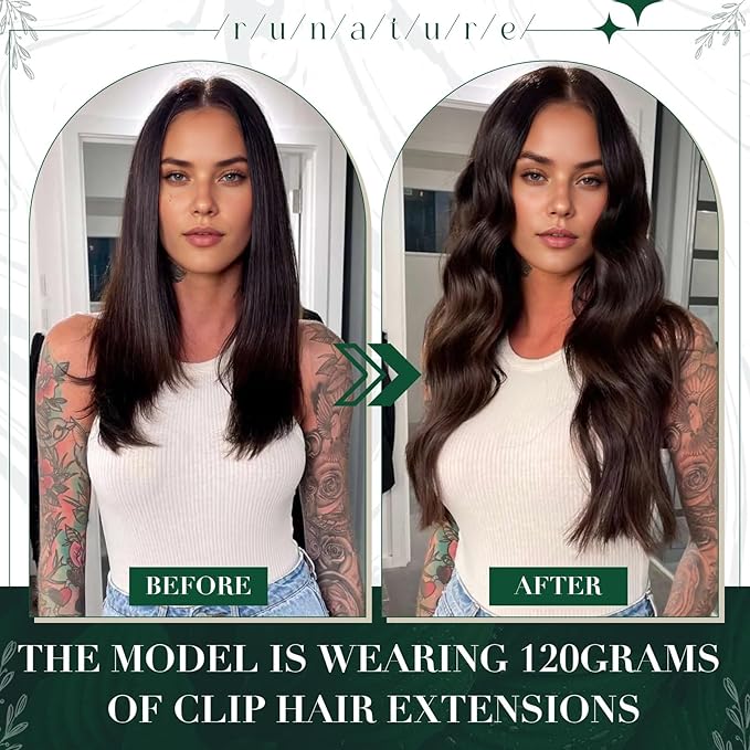 RUNATURE Black Clip in Hair Extensions, Real Hair Extensions Clip Ins, Long Human Hair Clip in Extensions, Remy Soft Hair, Natural Looking, 20 Inch 50g 3pcs #1B Off Black