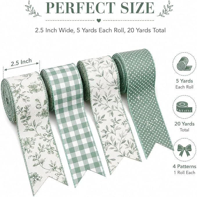 Sage Green Wired Ribbon, 4 Rolls 2.5 Inch Decorative Gingham Ribbon - Image 3