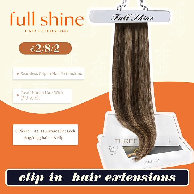 Full Shine Balayage Clip in Hair Extensions Dark Brown to Light Brown with Caramel Blonde Remy Human Hair with PU Weft Thick Ends 16 Inch 8 PCS 120 Grams