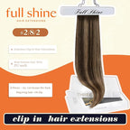Full Shine Balayage Clip in Hair Extensions Dark Brown to Light Brown with Caramel Blonde Remy Human Hair with PU Weft Thick Ends 16 Inch 8 PCS 120 Grams