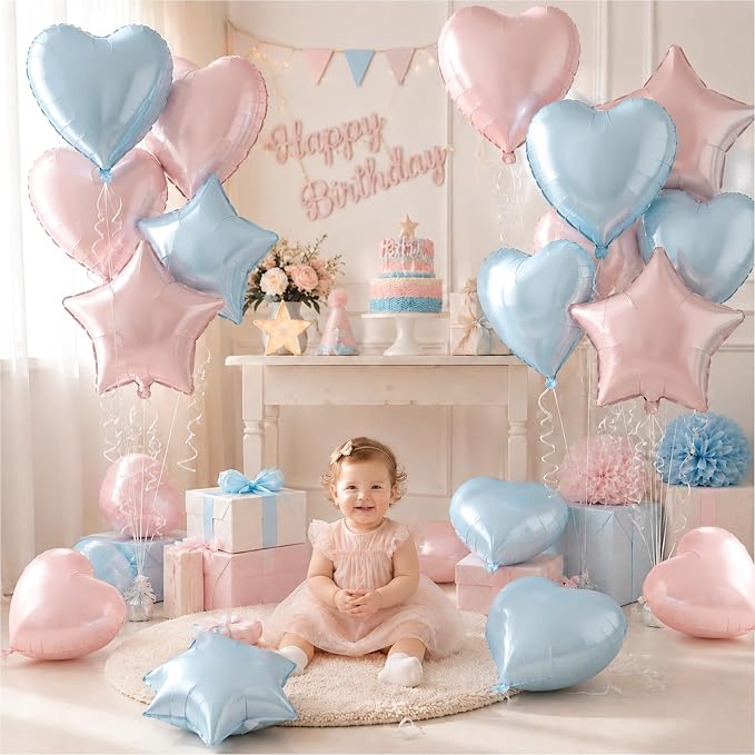 TONIFUL 18 Inch Blue & Pink Star and Heart Foil Balloons - Image 3