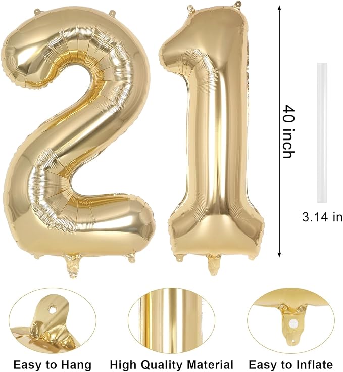 Champagne Gold Large Number 21 Balloon, 40 Inch Light Gold Foil Helium Number - Image 2
