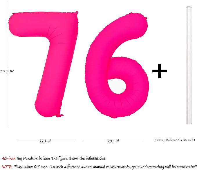Pink Birthday Number 76 Balloons 40IN Fluorescent Pink 67 Foil Balloon | - Image 2