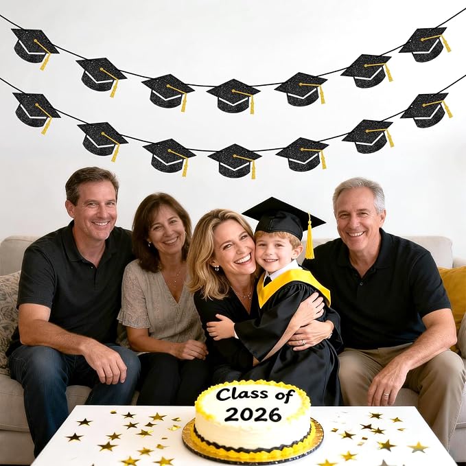 jijAcraft Black Gold Graduation Cap Banner, Glitter Grad Garland, 2 Pack 9.8ft - Image 6