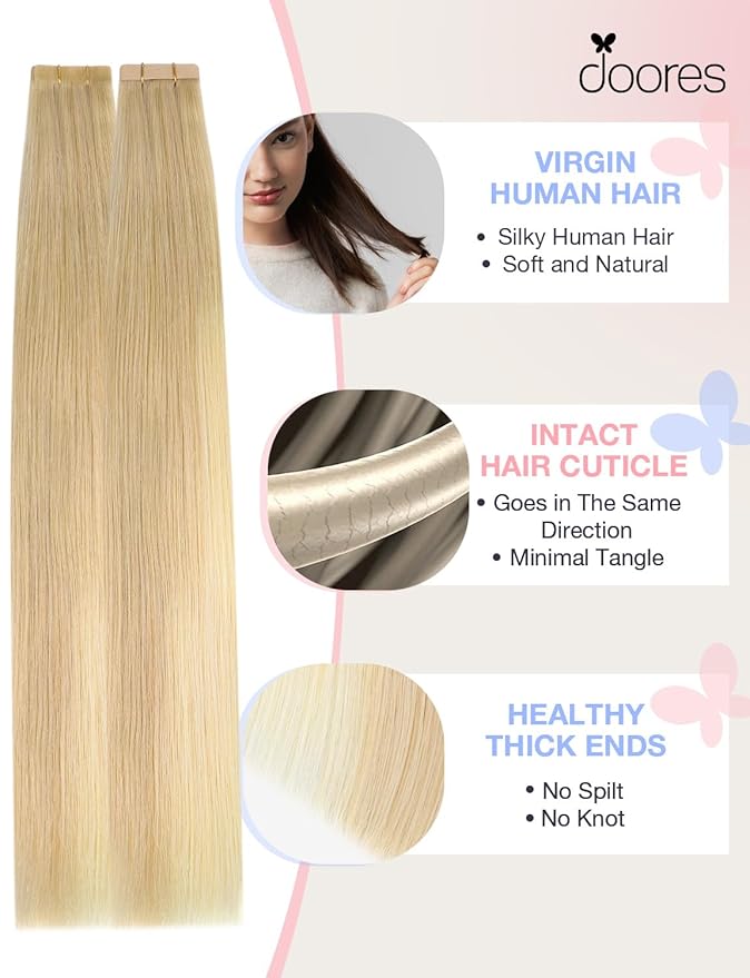 DOORES Invisi Edge Hair Extensions Real Human Hair Tape in, Drity Blonde Mixed Platinum Blonde 10 Injection Tape-ins with 10 Classic Tape-ins 50g 14 Inch, Injection Tape in Extensions