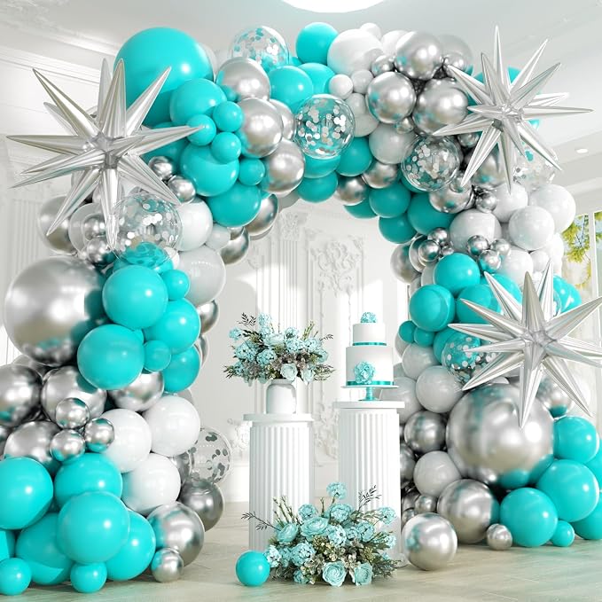 Teal Metallic Silver White Balloons Garland Arch Kit by Unknown