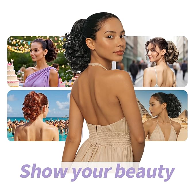 Black Ponytail Extensions,9" Short Curly Wavy Claw Clip Pony tails Hair Extensions Natural Soft Synthetic Hairpiece for Women