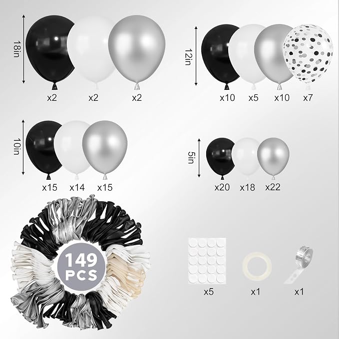 Ouddy Party 149Pcs Black Sliver Balloon Arch Garland Kit 18 12 10 5Inch | - Image 3