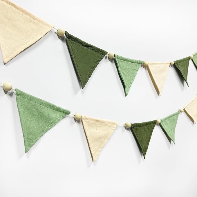 2 Sets of Sage Green Wood Beads Pennant Banner 20Pcs Flags Nursery Garland - Image 3