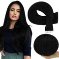 Full Shine Black Virgin Tape in Hair Extensions Human Hair Color 1 Jet Black 16 Inch Tape in Double Sided Seamless Hair Extension Invisible Skin Weft Hair 20Pcs 50Gram Add Volume for Thinning Hair