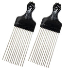 (2 Pack) 8" Long Black Fist Metal Afro Pick Lift Hair Comb Detangle Wig Braid Hair Man Styling Comb