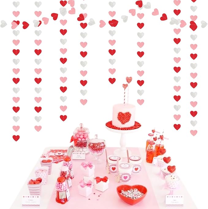 Glitter-Red Silver-Pink Valentines Party-Decorations Heart-Garland - 52ft - Image 5