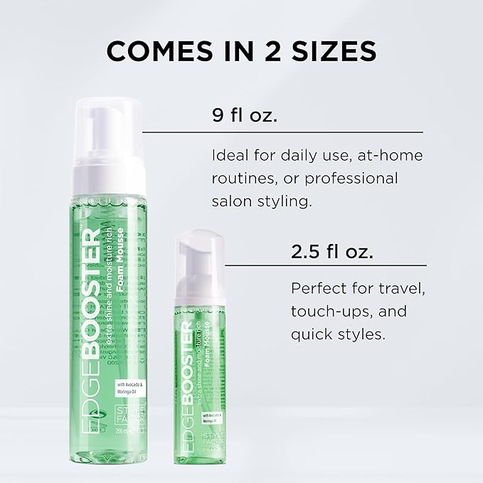 Style Factor EDGE BOOSTER Extra Shine & Moisture Rich Foam Mousse | Lightweight Styling for Curls, Waves, Braids, Locs & Protective Styles | Volume & Shine | With Argan Oil | 9 fl oz
