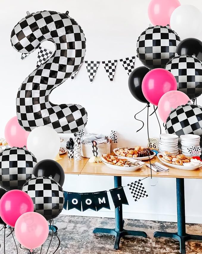 Race Car Balloon Bundle Pink Black 40 Inch Checkered Number Balloon 2 | Black - Image 3