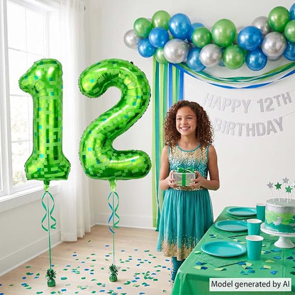 40 Inch Lime Green Pixel Number 12 Balloon, 12th Boy Gamer Party Supplies | - Image 6
