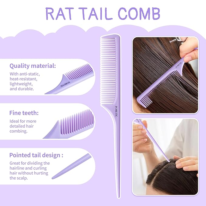 Hair Comb 3-in-1 Plastic Hair Comb Set For Women, Men - Wide Tooth, Rat Tail, and Regular Tooth Detangling Hair Combs for All Hair Types-Purple