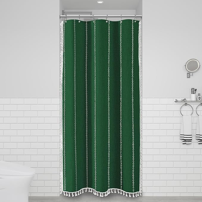 Small Boho Linen Heavy Duty Cloth Shower Curtain, Emerald Green | Stall Size - Image 6