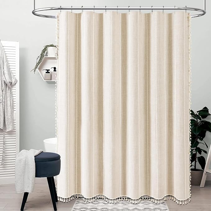 48 x 72 Boho Linen Heavy Duty Cloth Shower Curtain Set, Cream/Beige | Stall Size - Image 6