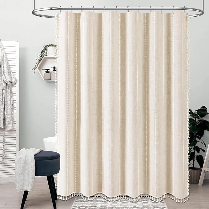 54x78 Boho Farmhouse Linen Heavy Duty Shower Curtain Set, Cream/Beige | Narrow - Image 7
