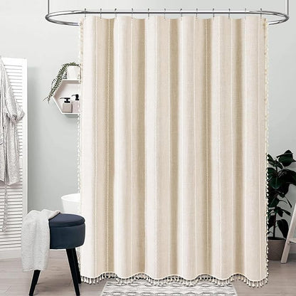 54x78 Boho Farmhouse Linen Heavy Duty Shower Curtain Set, Cream/Beige | Narrow - Image 7