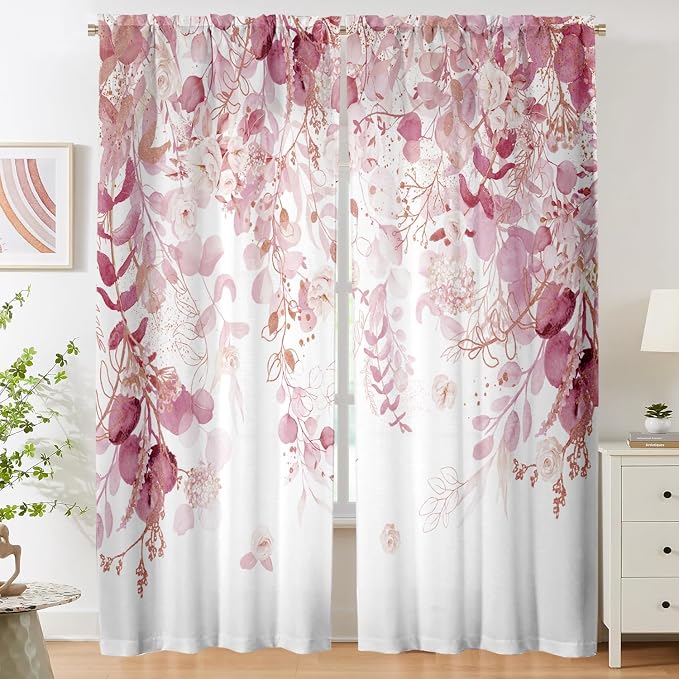 Pink Floral Leaf Sheer Curtains - Image 2