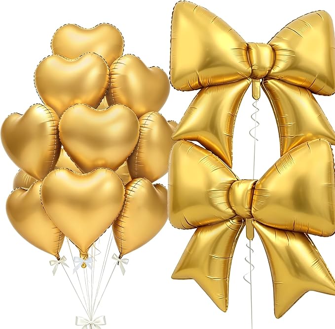 Vuzvuv Gold Heart Balloons Gold Bow Balloons Set, anniversary, Valentine's Day by Vuzvuv