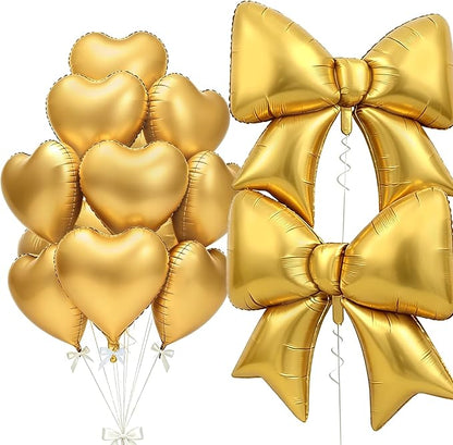 Vuzvuv Gold Heart Balloons Gold Bow Balloons Set, anniversary, Valentine's Day by Vuzvuv