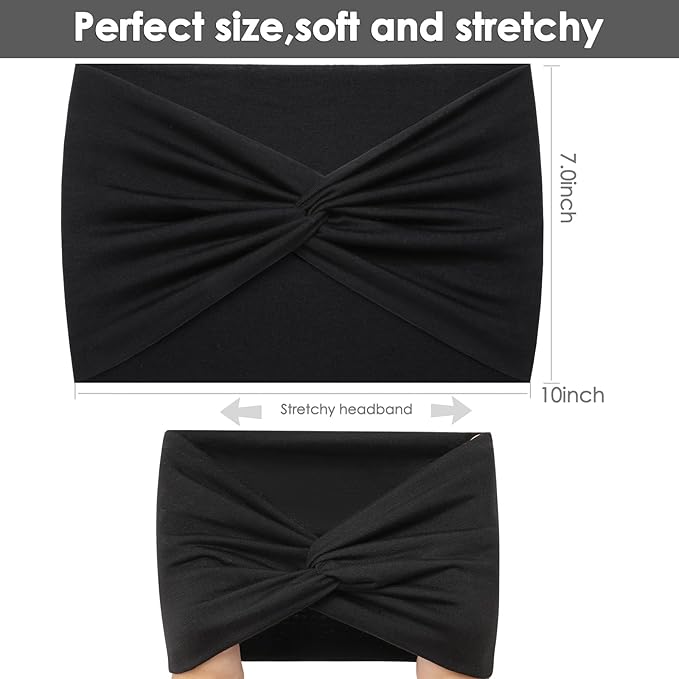 Extra Wide Headbands for Women, 7'' Large Cotton Like Turban Knotted Bandana Head Bands for Women Non Slip, Boho Headbands for Women's Hair (3Pcs White + 3Pcs Black, Extra Large 7" Wide)