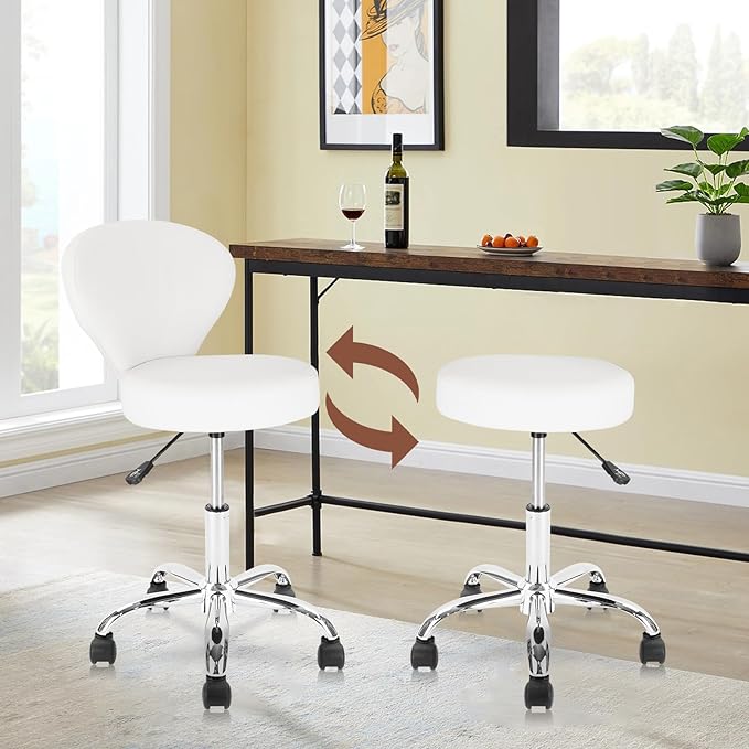Set of 4 PVC Faux Leather Rolling Swivel Salon Stool Chair with Low Back Support Adjustable Hydraulic Seat Height 22 IN Diameter 15 IN for Office Massage Facial Spa Medical Tattoo White 4 Pack