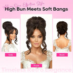 REECHO Messy Bun Hair Piece with Bangs – 2-in-1 Drawstring Ponytail Extension Updo Wig & Hair Topper with Long Side Bangs, Natural-Looking Hair Bun Hairpieces for Women - Chocolate Brown