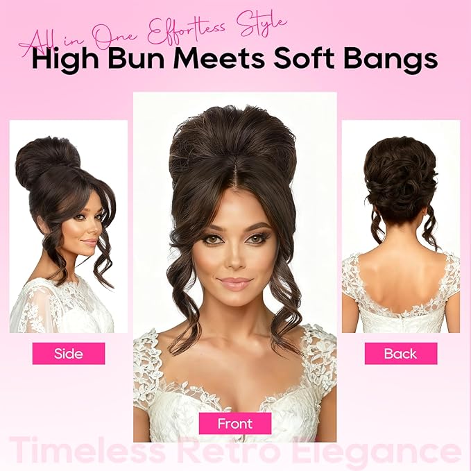 REECHO Messy Bun Hair Piece with Bangs – 2-in-1 Drawstring Ponytail Extension Updo Wig & Hair Topper with Long Side Bangs, Natural-Looking Hair Bun Hairpieces for Women - Black