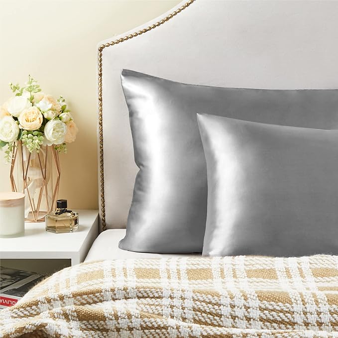 BEDELITE Satin Pillowcase for Hair and Skin, Super Soft and Cooling Similar to Silk Pillow Cases 2 Pack with Envelope Closure, Gift for Women Men(20"x26" Standard Size, Grey)