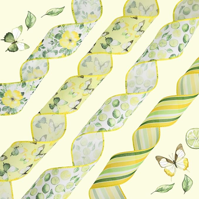 4 Rolls Floral Wired Edge Ribbon – Spring Summer Yellow Grosgrain - Image 6