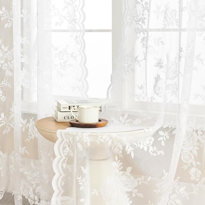 White Lace Curtains 102 Inches Long Victorian Sheer Floral Curtains - Image 2