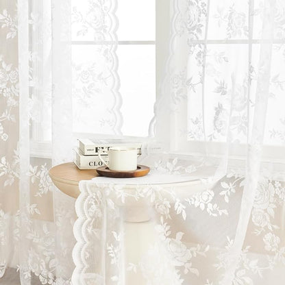 White Lace Curtains 102 Inches Long Victorian Sheer Floral Curtains - Image 2