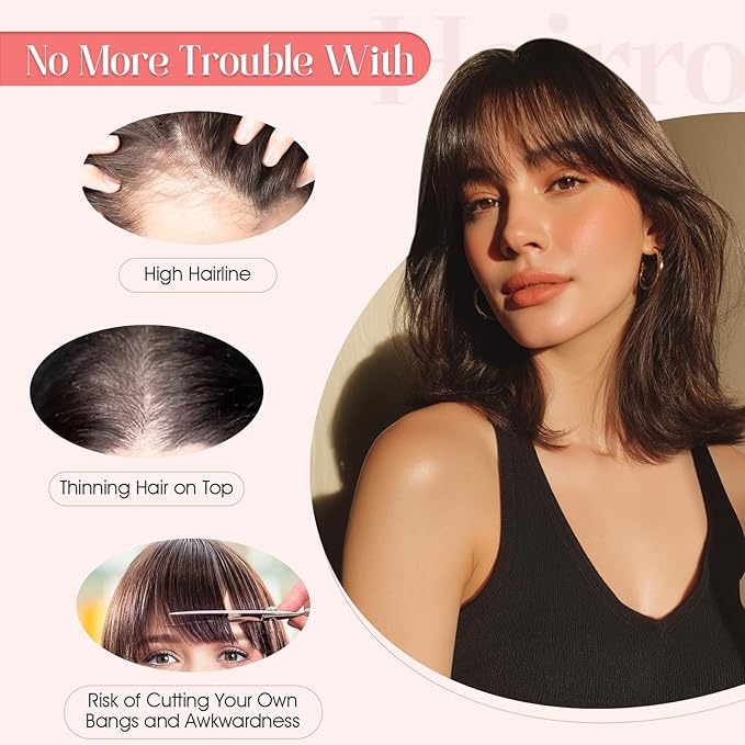 Hairro Mono Hair Toppers with Bangs, 3.4" x 3.4" Mono Base 100% Real Human Hairpieces for Women, 150% Density Clips In Topper for Greyish Thinning Hair, 12 Inch Medium Brown Mix Dark Blonde