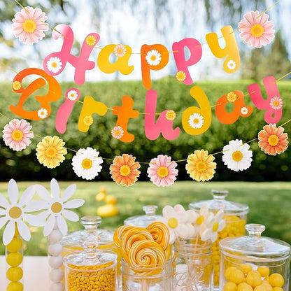 SUNBEAUTY Flower Daisy Happy Birthday Banner Groovy Party Banners Groovy Party - Image 6