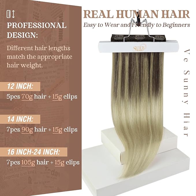 Ve Sunny Human Hair Clip in Extensions Comfortable Clip in Hair Extensions Real Human Hair Dark Brown Ombre Dark Golden Blonde Balayage Light Blonde Hair Clip in Extensions 100g 7pcs 14inch