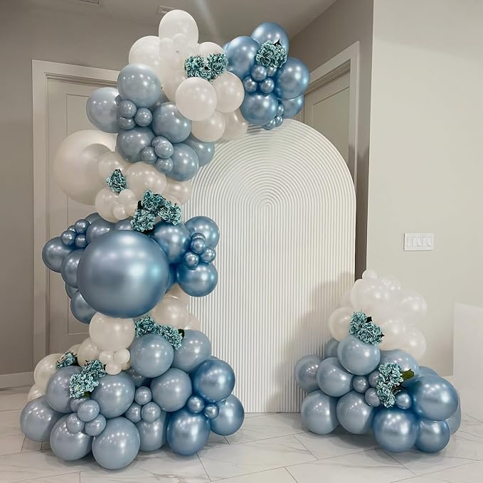 Dusty Blue White Balloons, Double Stuffed Pearl Light Baby Metallic Slate Blue - Image 4
