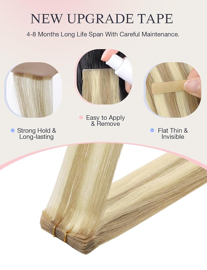 DOORES Invisi Edge Tape in Hair Extensions Human Hair, Light Blonde Highlighted Golden Blonde 10 Injection Tape-ins with 10 Classic Tape-ins 50g 18 Inch, Injected Tape in Extensions