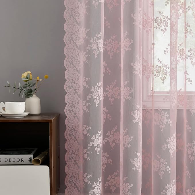Kotile Pink Sheer Lace Curtains - Image 5