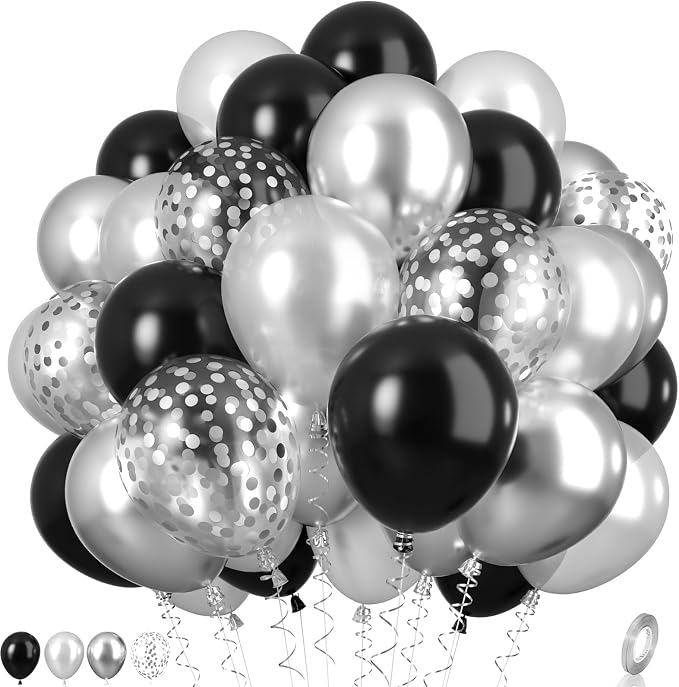 Black and Silver Balloons, Metallic Silver and Black Balloons Pearl Silver by Paready
